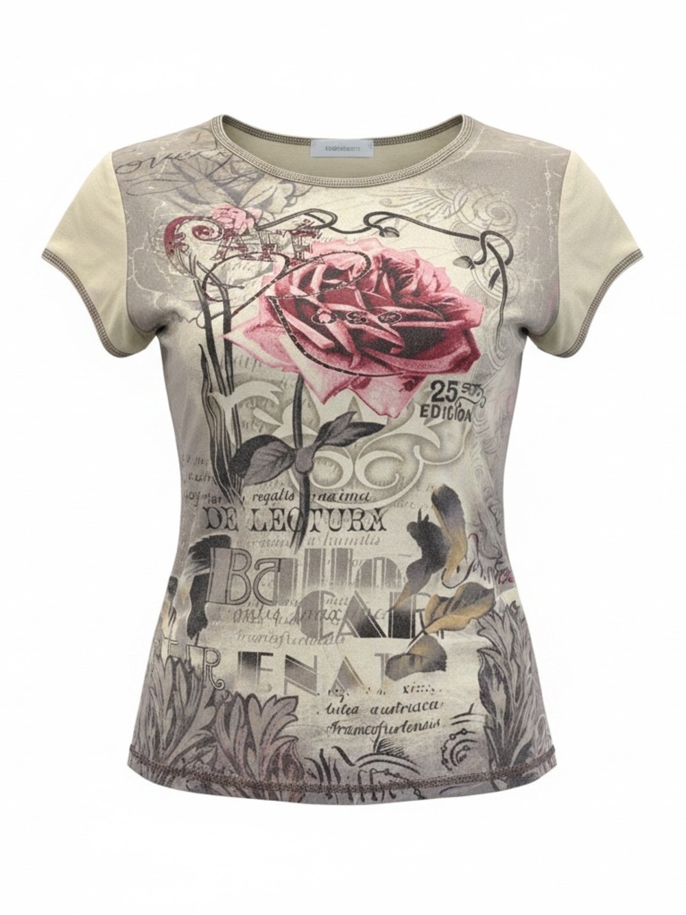 dressbarn Beige Tee with Pink Rose Graphic